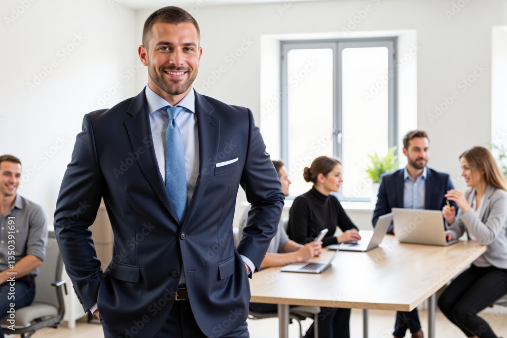 Confident Middle-Aged Caucasian Man in Business Attire Standing in Modern Conference Room with Team Engaged in Discussion and Collaboration Around Table Confident Middle-Aged Caucasian Man in Business Attire Standing in Modern Conference Room with Team Engaged in Discussion and Collaboration Around Table