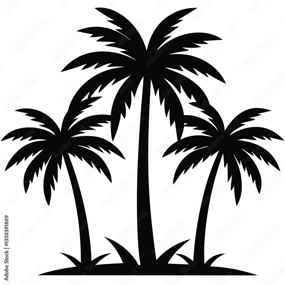 Obraz premium Silhouette of palm trees on a tropical beach at sunset.