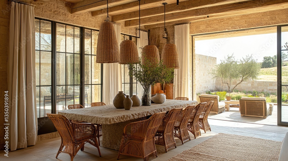 Fototapeta premium A warm and inviting dining area featuring a stone-top table and plush, easy-to-clean chairs