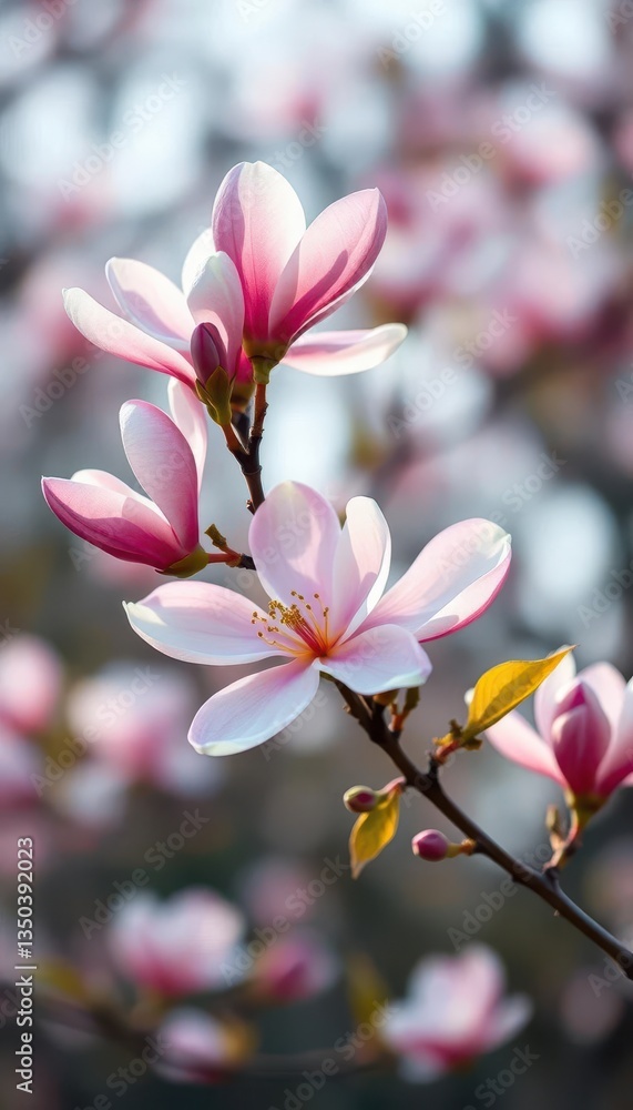 Delicate pink magnolia blossoms on a branch, soft spring light, soft, buds Delicate pink magnolia blossoms on a branch, soft spring light, soft, buds