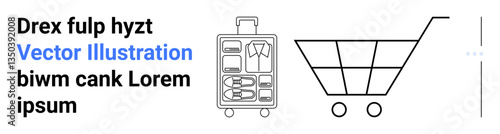 Shopping cart and suitcase outline with neat clothing arrangement. Ideal for e-commerce, travel planning, online retail, packing tips, trip management, logistics, simple landing page