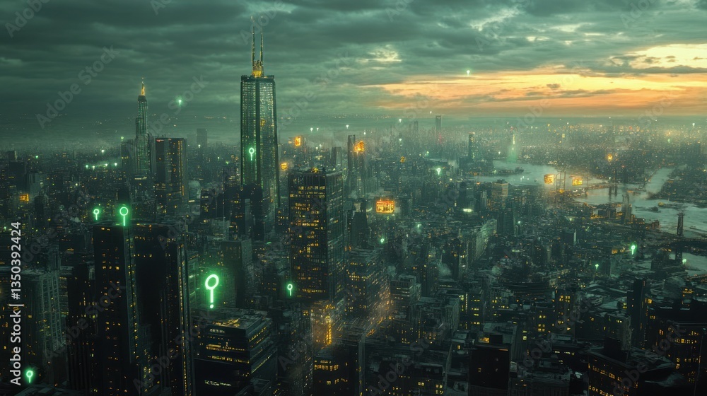 Fototapeta premium Futuristic city skyline at twilight. Possible stock photo use