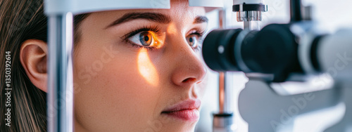 A woman undergoing an eye examination by an ophthalmologist using a slit lamp. Medical equipment, eye diagnostics, eye examination and ophthalmologic examination at the clinic. photo