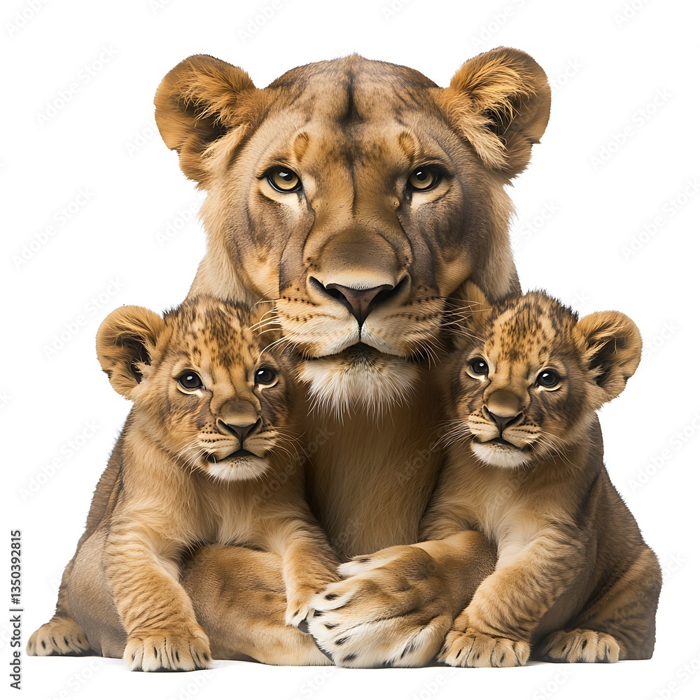 Obraz premium A lioness protects two of her cute lion cub offspring