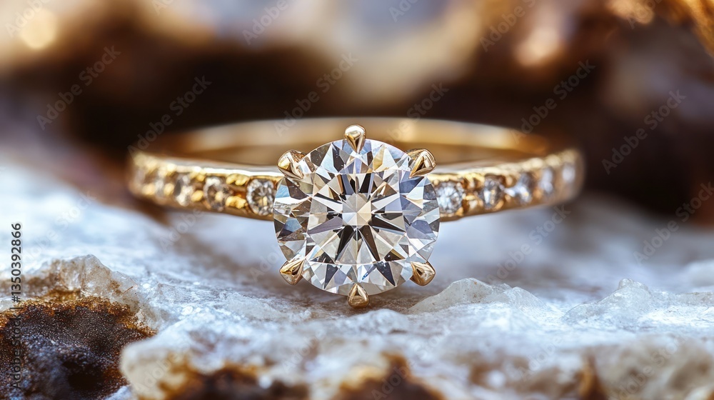 Fototapeta premium Diamond ring, gold, rock, sparkle, close-up, jewelry, ad, luxury
