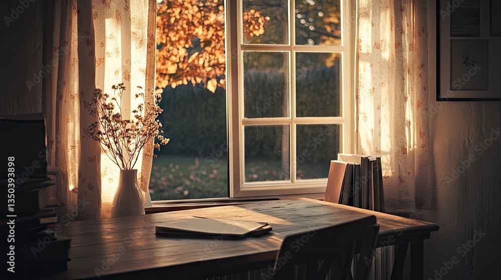 Fototapeta premium A wooden work desk set near a window, balancing natural light and a clear view of the entrance