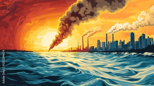 Industrial pollution emission events urban coastline digital art sunset aerial view environmental awareness