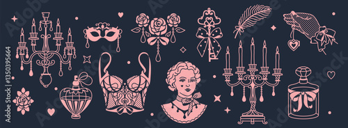 Chic Coquette elements: luxury vintage perfume bottles, Venice masquerade mask, flirty Victorian corset, roses, hand in a glove, heart shaped locket. Soft line art pink against a dark background