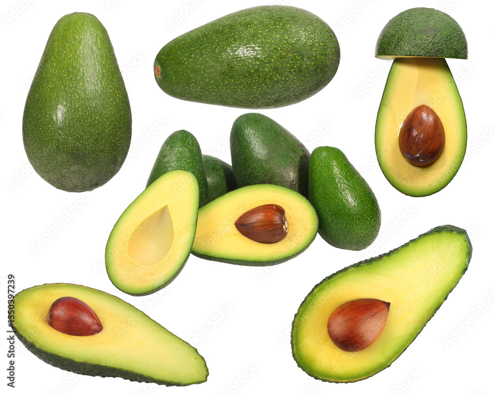 Fresh Avocado Whole and Sliced on White Background Fresh Avocado Whole and Sliced on White Background