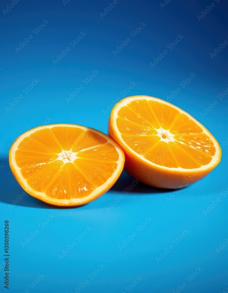 Fototapeta premium Two juicy orange halves, segmented and glistening, rest on a vibrant blue backdrop, vitamin c, organic, website