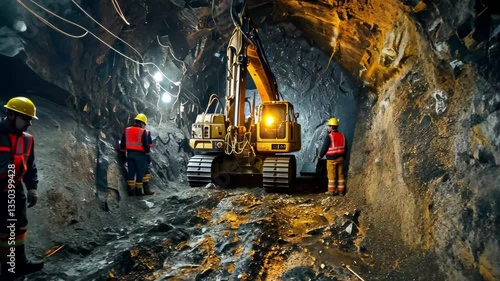 Underground mining team operates high-tech equipment in 4K quality at a remote location