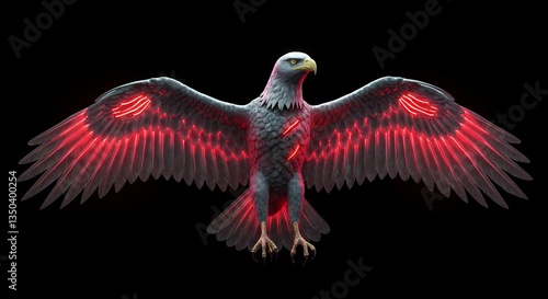 Majestic eagle with spread wings and glowing red neon light accents