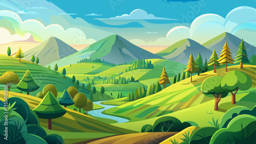 vector of picturesque landscape where gentle slopes of green hills are adorned with lively trees beneath a sunny sky