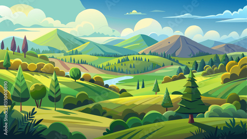 vector of picturesque landscape where gentle slopes of green hills are adorned with lively trees beneath a sunny sky