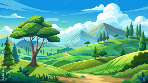 tranquil hillside scene with fresh greenery and clusters of trees, stretching under a vast blue sky.