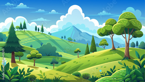 tranquil hillside scene with fresh greenery and clusters of trees, stretching under a vast blue sky.