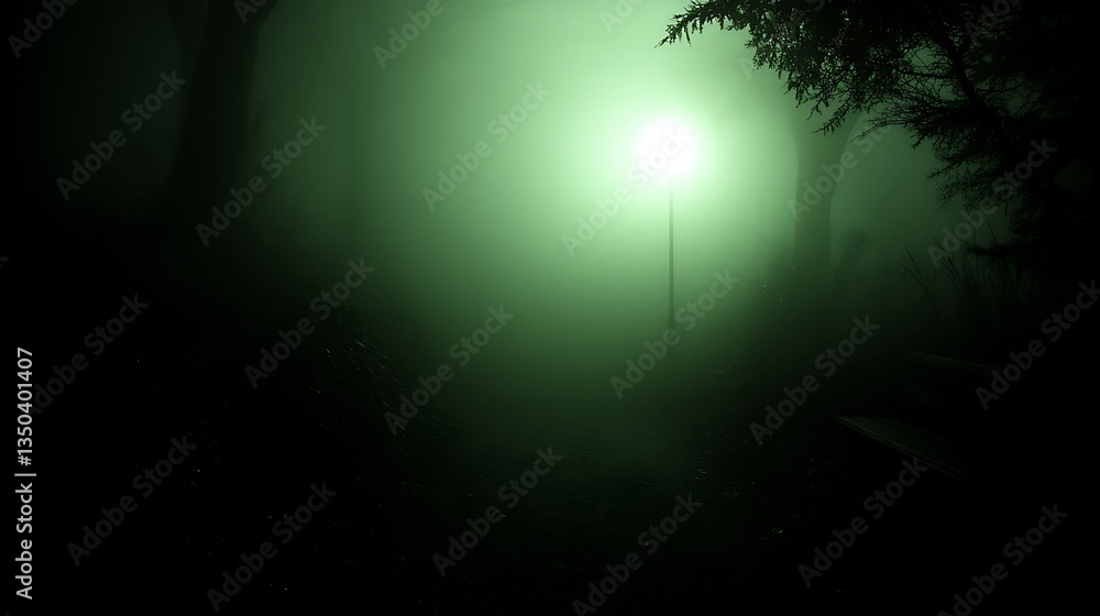 Fototapeta premium A foggy street lamp illuminates a path through a dark forest area