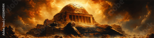 Majestic Ancient Dome Temple Amidst Dramatic Fiery Sky with Stone Steps and Ruins - Awe-Inspiring Historical Fantasy Architecture Digital Vector Art