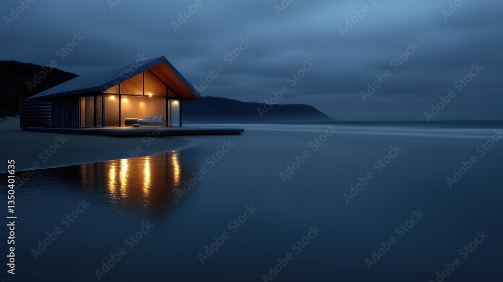 Coastal cabin at dusk, bathed in warm light, reflecting on tranquil water Coastal cabin at dusk, bathed in warm light, reflecting on tranquil water