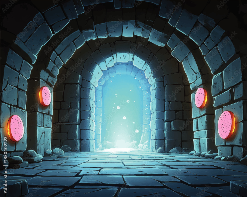 Mysterious Enchanted Stone Dungeon Hallway with Glowing Symbols and Magical Portal in Fantasy Video Game Style - Perfect for Medieval Adventure Themes