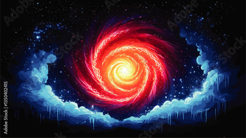 Mesmerizing Vector Image of Vibrant Swirling Red and Yellow Galaxy with Intricate Cosmic Clouds and a Starry Night Sky - Perfect for Sci-Fi and Astronomy Enthusiasts