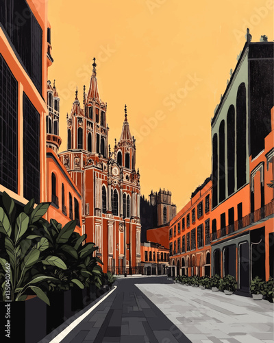 Stunning Vector Art of Historic Cathedral and Town Street with Orange Sky, Lush Greenery, and Classic European Architecture in Tranquil Urban Setting