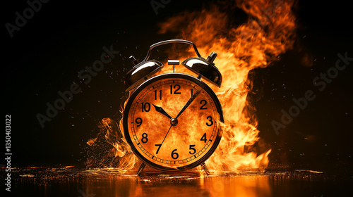 Burning Alarm Clock Time Concept Dramatic Fire Flames Intense 3d hot art dark glow metal image black. Dramatic image of a burning alarm clock intense fire flames time concept hot danger urgent metal