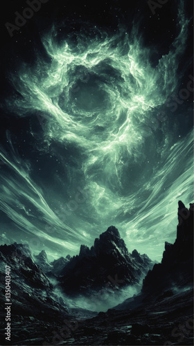 Mesmerizing Cosmic Mountain Landscape: Surreal Celestial Sky, Abstract Outer Space Artwork, Vector Fantasy Scenery with Stars, Nebula, and Majestic Peaks