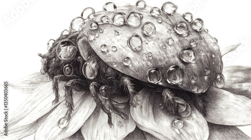Intricate Vector Illustration of Ladybug on Flower with Dew Drops - Nature-Inspired Black and White Sketch Art Featuring Beetle and Blossom in High Detail