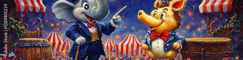 Charming Circus Wonderland: Vector Image of Elephant Ringmaster and Anteater Performer in Red-Striped Tents with Drums and Nighttime Festive Lights