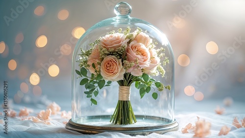 Elegant bouquet of roses displayed under glass dome in romantic setting with soft bokeh lights during evening
