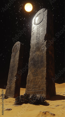 Ancient Stone Obelisks in Desert Under Starry Night Sky with Full Moon - Mysterious Hieroglyphs on Monuments - Digital Vector Art of Majestic Nighttime Landscape