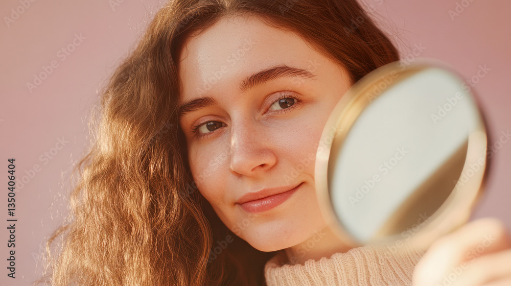 Woman smiling while holding a mirror, showcasing her natural beauty indoors with warm lighting