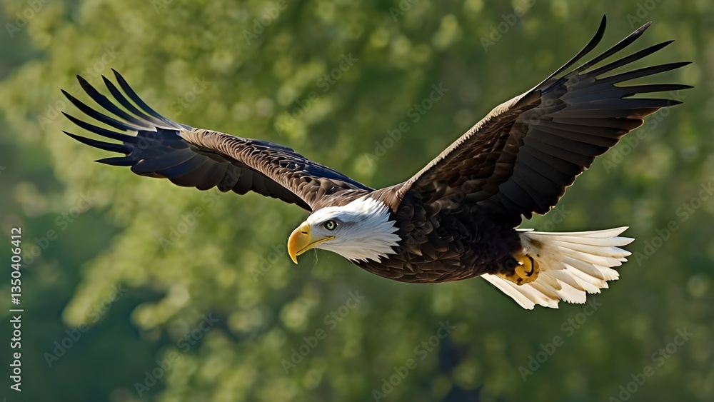 Fototapeta premium A bald eagle in flight with its wings spread wide.
