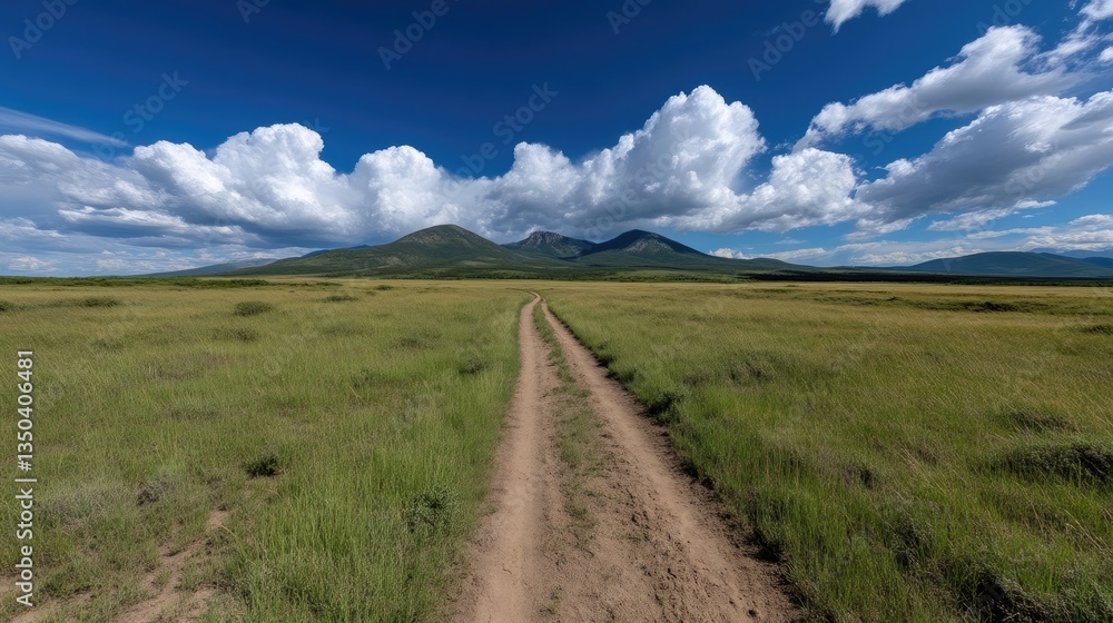 Open, dirt road through a grassy plain, leading to mountains under a vibrant blue sky Open, dirt road through a grassy plain, leading to mountains under a vibrant blue sky