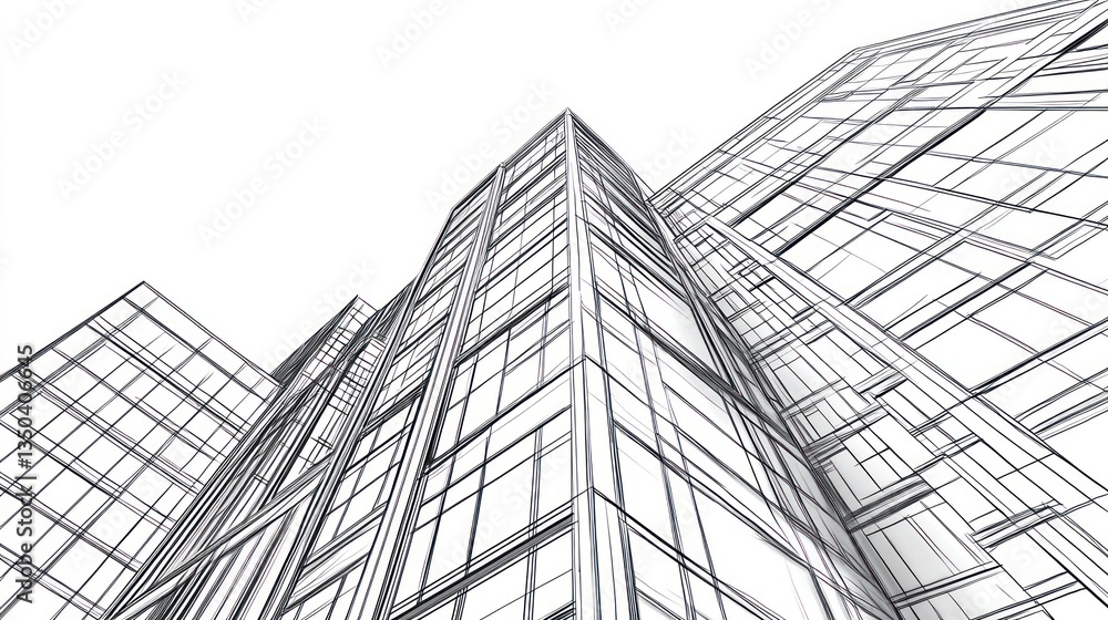 Architectural drawing of skyscrapers, low-angle view, urban design, possible use in architecture textbooks or presentations Architectural drawing of skyscrapers, low-angle view, urban design, possible use in architecture textbooks or presentations