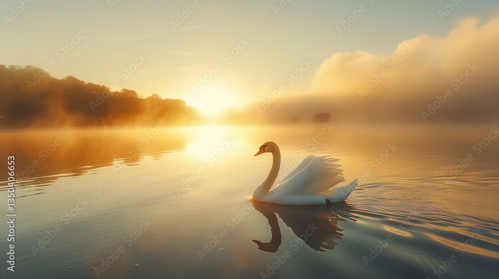 Fototapeta premium Elegant mute swan gliding across tranquil lake at sunrise smooth water reflections soft golden hues detailed white feathers serene atmosphere professional nature photography