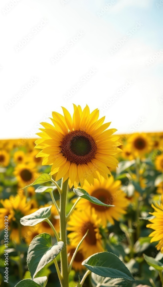 Fototapeta premium A vibrant yellow sunflower blooms in a vast field of sunflowers under a bright sky, blossom, countryside