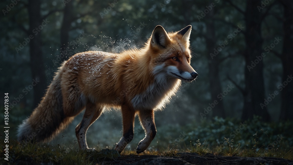 Fototapeta premium A glowing spirit fox with ethereal trails of mist following its every step.