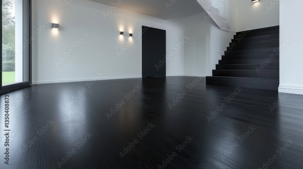 Modern entryway with glossy black hardwood floors. Large open space with natural light, modern design, minimalist style, and sleek black staircase Modern entryway with glossy black hardwood floors. Large open space with natural light, modern design, minimalist style, and sleek black staircase