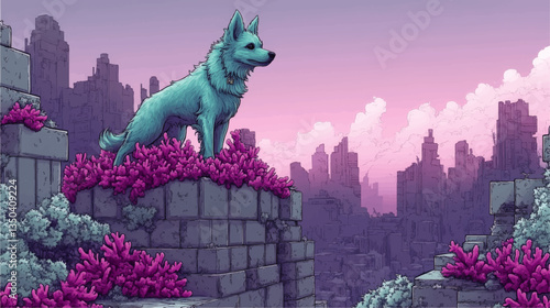 Futuristic Vector Art: Majestic Turquoise Dog Overlooks Ruined Stone Cityscape at Sunset Amidst Pink Flora and Mystical Purple Atmosphere; Fantasy Digital Illustration