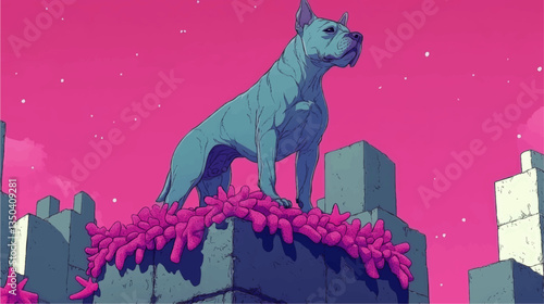 Majestic Blue Dog Standing on Pink Coral-Covered Concrete in Futuristic Neon Landscape with Starry Sky - Vector Art of Powerful Animal Symbolism