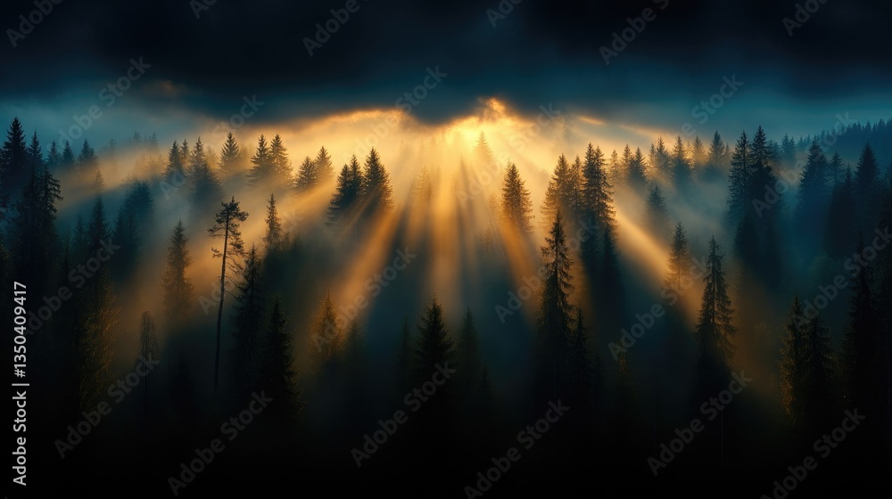 Fototapeta premium Sunrise through misty forest canopy