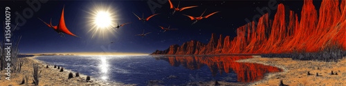 Stunning Vector Image of Red Pterosaurs Soaring Over Vast Lake with Dramatic Red Cliffs Under Bright Sunlight: A Mesmerizing Prehistoric Landscape