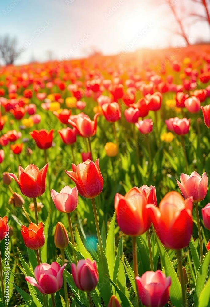 Sun-drenched meadow vibrant with blooming tulips, spring Easter background, spring, landscape Sun-drenched meadow vibrant with blooming tulips, spring Easter background, spring, landscape