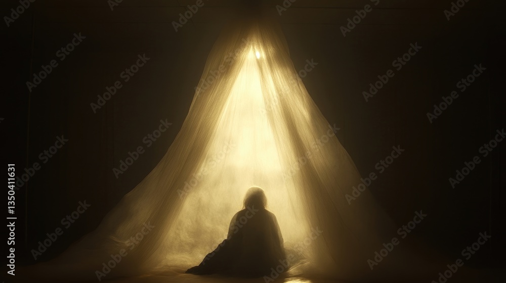 Silhouette figure in a dimly lit, tent-like structure Silhouette figure in a dimly lit, tent-like structure