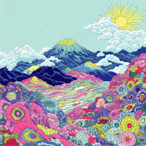 Vibrant Psychedelic Landscape Vector Art with Colorful Flowers, Majestic Mountains, Cloudy Blue Sky, and Radiant Sun - Ideal Abstract Nature Illustration