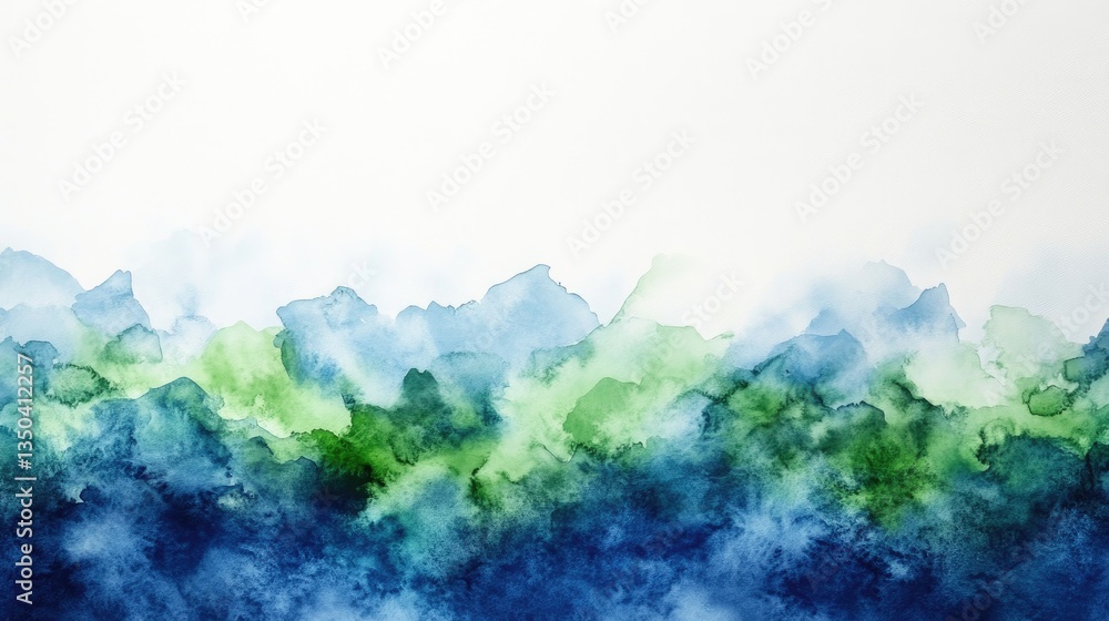 Fototapeta premium Abstract watercolor landscape, green blue design, white background, website banner