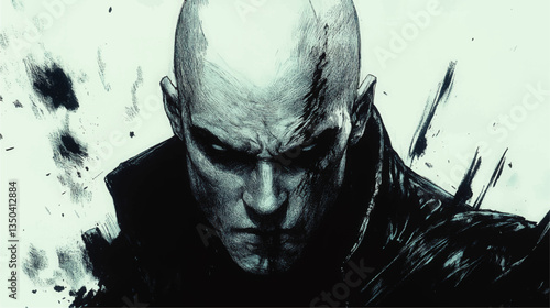 Dramatic Dark Art Vector of Bald Man in Intense Expression with High Contrast Ink Splash Elements, Monochrome Illustration for Graphic Novel and Thriller Themes