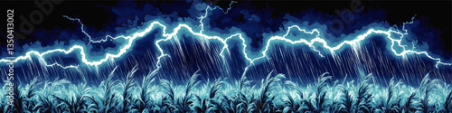 Vector Image of Thunderstorm Over Wheat Field with Dramatic Lightning and Torrential Rain in Dark Sky | Atmospheric Stormy Night Illustration and Digital Art